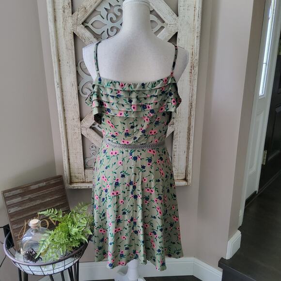Verte Women's Junior Off Shoulder Fit & Flare Mini Dress in Olive Green Floral - Picture 3 of 11